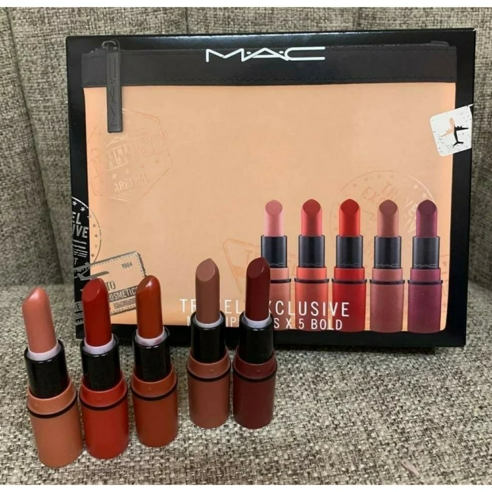 MAC // ltd ed travel exclusive mini lipstick set cosmetic bag & 5 bold colors